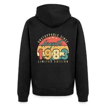 Geschenkidee Für August 1983 - Unisex Premium Bio Zip Hoodie - Schwarz - Hinten - Nico (187cm)