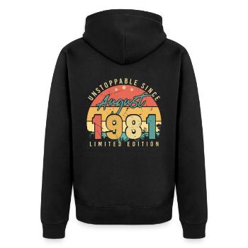 1981 Im August Vintage - Unisex Premium Bio Zip Hoodie - Schwarz - Hinten - Nico (187cm)