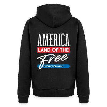 Amerika, Land Der Freien, Beschränkungen Gelten - Unisex Premium Bio Zip Hoodie - Schwarz - Hinten - Nico (187cm)