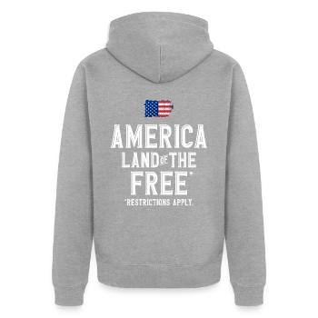 Amerika, Land Der Freien, Beschränkungen Gelten - Unisex Premium Bio Zip Hoodie - Grau meliert - Hinten - Nico (187cm)