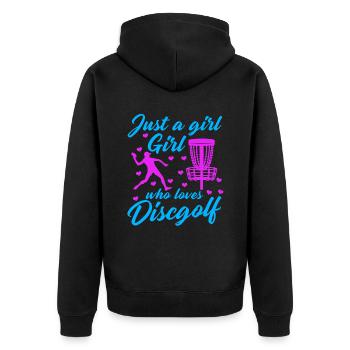 Mädchen, Das Disc Golf Vintage Ultimate Frisbee - Unisex Premium Bio Zip Hoodie - Schwarz - Hinten - Nico (187cm)
