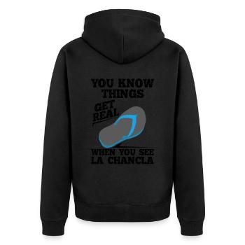 You see La Chancla Spanish Mexican - Unisex Premium Organic Zip Hoodie - black - Back - Nico (187cm)
