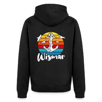Wismar Ostsee Souvenir - Unisex Premium Bio Zip Hoodie - Schwarz - Hinten - Nico (187cm)