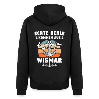 Wismar Ostsee Souvenir - Unisex Premium Bio Zip Hoodie - Schwarz - Hinten - Nico (187cm)