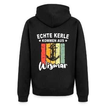 Wismar Ostsee Souvenir - Unisex Premium Bio Zip Hoodie - Schwarz - Hinten - Nico (187cm)