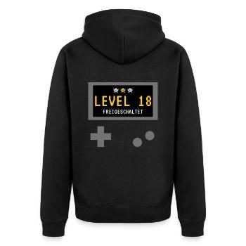 Level 18 freigeschaltet! Gamer Spieler Zocker - Unisex Premium Bio Zip Hoodie - Schwarz - Hinten - Nico (187cm)