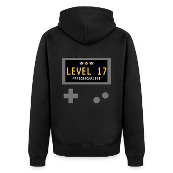 Level 17 freigeschaltet! Gamer Spieler Zocker - Unisex Premium Bio Zip Hoodie - Schwarz - Hinten - Nico (187cm)