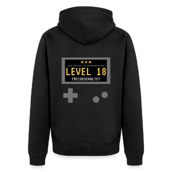 Level 18 freigeschaltet! Gamer Spieler Zocker - Unisex Premium Bio Zip Hoodie - Schwarz - Hinten - Nico (187cm)