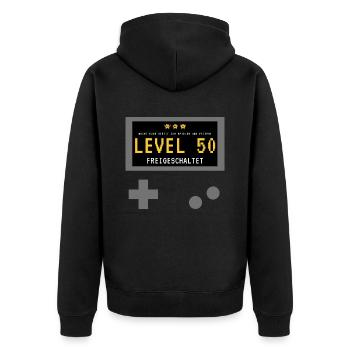 Level 50 freigeschaltet! Gamer Spieler Zocker - Unisex Premium Bio Zip Hoodie - Schwarz - Hinten - Nico (187cm)