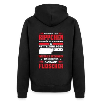 Meister Der Rippchen Herr Über Proteine & Fette - Unisex Premium Bio Zip Hoodie - Schwarz - Hinten - Nico (187cm)