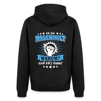 Maschinist Maschinenführer Feuerwehrmann - Unisex Premium Bio Zip Hoodie - Schwarz - Hinten - Nico (187cm)