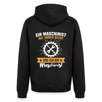 Maschinist Maschinenführer Feuerwehrmann - Unisex Premium Bio Zip Hoodie - Schwarz - Hinten - Nico (187cm)