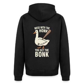 Gänse Meme Mess With The Honk You Get The Bonk - Unisex Premium Bio Zip Hoodie - Schwarz - Hinten - Nico (187cm)