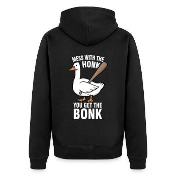 Gänse Meme Mess With The Honk You Get The Bonk - Unisex Premium Bio Zip Hoodie - Schwarz - Hinten - Nico (187cm)