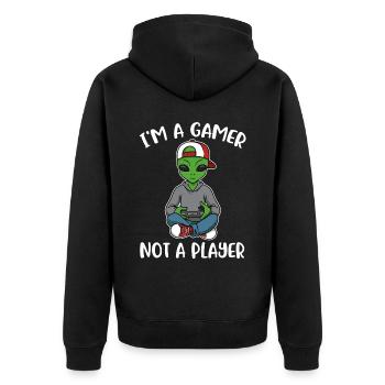 I Am A Gamer Zocker Geschenk - Unisex Premium Bio Zip Hoodie - Schwarz - Hinten - Nico (187cm)