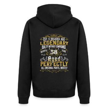 Vintage Légendaire - Vieilli parfaitement 58ème anniversaire - Veste à capuche bio Premium Unisexe - noir - Dos - Nico (187cm)