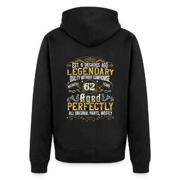 Vintage Légendaire - Vieilli parfaitement 62ème anniversaire - Veste à capuche bio Premium Unisexe - noir - Dos - Nico (187cm)