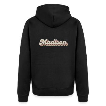 Nostalgisch 70er USA Stadt - Vintage Madison - Unisex Premium Bio Zip Hoodie - Schwarz - Hinten - Nico (187cm)