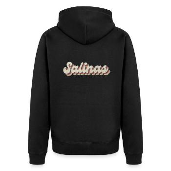 Nostalgisch 70er USA Stadt - Vintage Salinas - Unisex Premium Bio Zip Hoodie - Schwarz - Hinten - Nico (187cm)