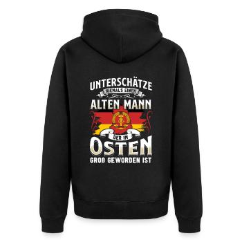 Ossi Geschenk Ostdeutschland NVA Germania Osten - Unisex Premium Bio Zip Hoodie - Schwarz - Hinten - Nico (187cm)