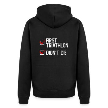 Erster Triathlon nicht gestorben - Triathlet - Unisex Premium Bio Zip Hoodie - Schwarz - Hinten - Nico (187cm)