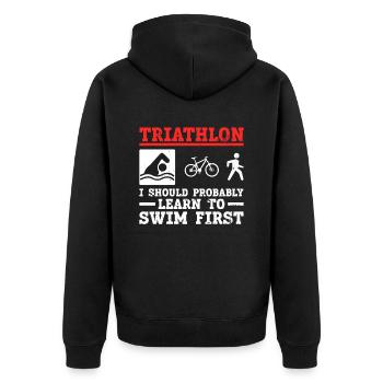 Triathlon Training Schwimmen Triathlet Lustig - Unisex Premium Bio Zip Hoodie - Schwarz - Hinten - Nico (187cm)