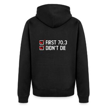 Erster 70.3 ist nicht gestorben - Halb-Triathlon - Unisex Premium Bio Zip Hoodie - Schwarz - Hinten - Nico (187cm)