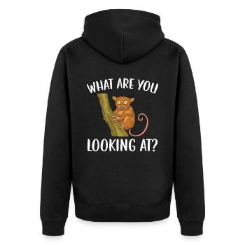 Was siehst du auf Big Eyes Animal Tarsier - Unisex Premium Bio Zip Hoodie - Schwarz - Hinten - Nico (187cm)