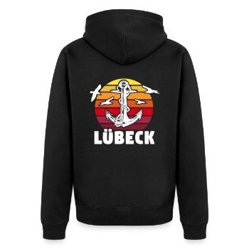 Lübeck Sprüche Hansestadt Luebeck - Unisex Premium Bio Zip Hoodie - Schwarz - Hinten - Nico (187cm)