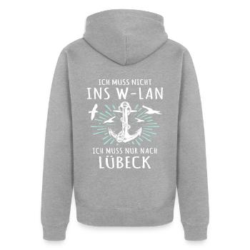 Lübeck Sprüche Hansestadt Luebeck - Unisex Premium Bio Zip Hoodie - Grau meliert - Hinten - Nico (187cm)