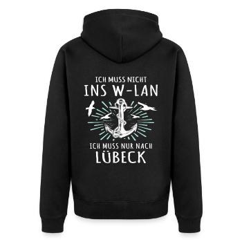 Lübeck Sprüche Hansestadt Luebeck - Unisex Premium Bio Zip Hoodie - Schwarz - Hinten - Nico (187cm)