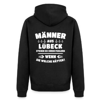 Lübeck Sprüche Hansestadt Luebeck - Unisex Premium Bio Zip Hoodie - Schwarz - Hinten - Nico (187cm)
