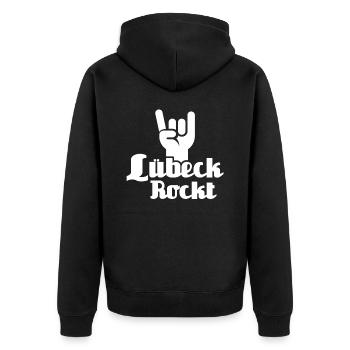 Lübeck Sprüche Hansestadt Luebeck - Unisex Premium Bio Zip Hoodie - Schwarz - Hinten - Nico (187cm)
