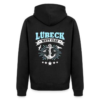 Lübeck Sprüche Hansestadt Luebeck - Unisex Premium Bio Zip Hoodie - Schwarz - Hinten - Nico (187cm)