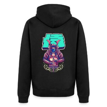 Cyborg Samurai Bushido-Krieger Cyber-Ästhetik - Unisex Premium Bio Zip Hoodie - Schwarz - Hinten - Nico (187cm)