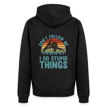 Folge Mir Nicht, Ich Mache Dumme Sachen Für - Unisex Premium Bio Zip Hoodie - Schwarz - Hinten - Nico (187cm)