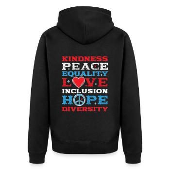 Vielfalt Gleichheit Liebe Frieden Menschenrechte - Unisex Premium Bio Zip Hoodie - Schwarz - Hinten - Nico (187cm)