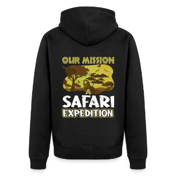 Unsere Mission Safari Expedition - Familiensafari - Unisex Premium Bio Zip Hoodie - Schwarz - Hinten - Nico (187cm)