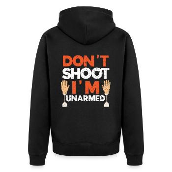 Don't Shoot Ich bin unbewaffnet Amputiertes Amputiertes Handicap - Unisex Premium Bio Zip Hoodie - Schwarz - Hinten - Nico (187cm)