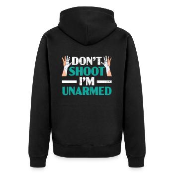 Don't Shoot Ich bin unbewaffnet Amputiertes Amputiertes Handicap - Unisex Premium Bio Zip Hoodie - Schwarz - Hinten - Nico (187cm)