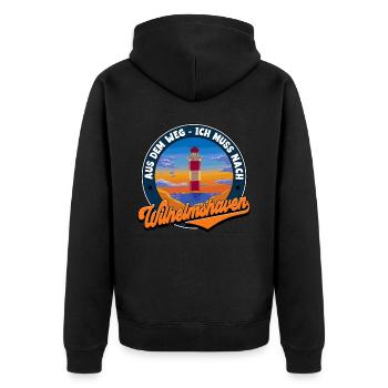 Wilhelmshaven - Unisex Premium Bio Zip Hoodie - Schwarz - Hinten - Nico (187cm)