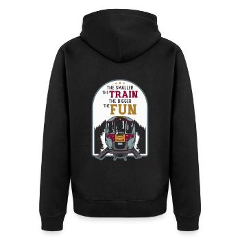Kleiner der Zug, desto größer die Modelleisenbahn - Unisex Premium Bio Zip Hoodie - Schwarz - Hinten - Nico (187cm)