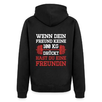 Freund Keine 100 KG Drückt Hast Du Eine Freundin - Unisex Premium Bio Zip Hoodie - Schwarz - Hinten - Nico (187cm)