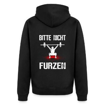 Bitte Nicht Furzen Fitness Bodybuilding Sport - Unisex Premium Bio Zip Hoodie - Schwarz - Hinten - Nico (187cm)