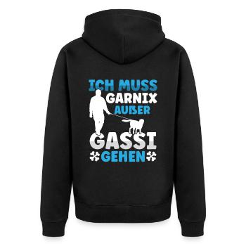 Hund Ich muss garnix außer Gassi gehen - Unisex Premium Bio Zip Hoodie - Schwarz - Hinten - Nico (187cm)