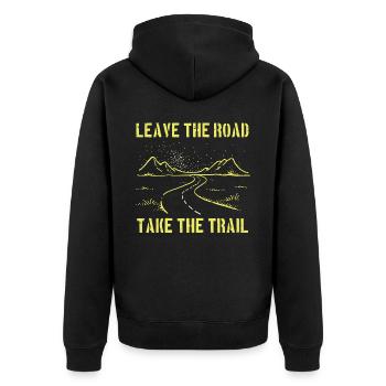 Verlassen Sie die Straße, nehmen Sie das Trail Dir - Unisex Premium Bio Zip Hoodie - Schwarz - Hinten - Nico (187cm)