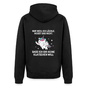 Nur weil ich lächle klatschen Ohrfeige - Unisex Premium Bio Zip Hoodie - Schwarz - Hinten - Nico (187cm)