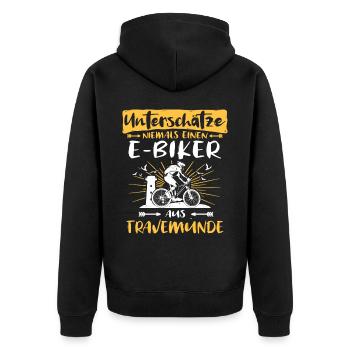 Ebike Travemünde Ebiking Travemünder E-Biker - Unisex Premium Bio Zip Hoodie - Schwarz - Hinten - Nico (187cm)