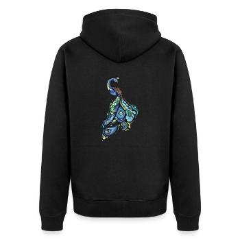 Pfau I Pfauenauge Peacock Motiv mit Pfauenfeder - Unisex Premium Bio Zip Hoodie - Schwarz - Hinten - Nico (187cm)