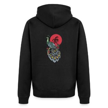 Pfau I Pfauenauge Peacock Motiv mit Pfauenfeder - Unisex Premium Bio Zip Hoodie - Schwarz - Hinten - Nico (187cm)
